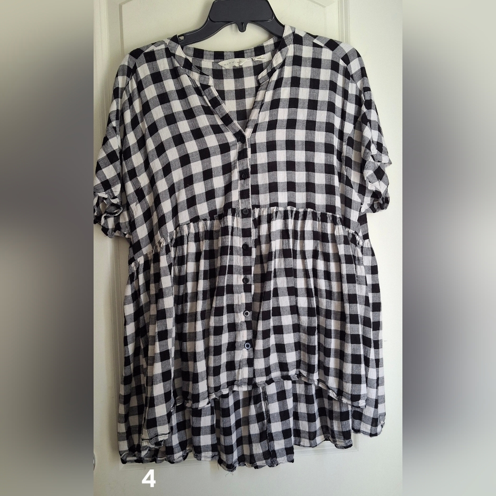 Anthropology 11 1‎ Thylo Black and White Checkered Women's Top Sz L Cottagecore